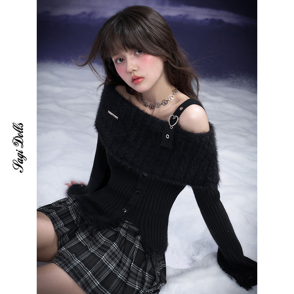SagiDolls少女斗志 #乌羽柔梦#纯欲黑色斜肩针织上衣情人节约会春,女装/女士精品,毛针织衫,淘宝优惠券,粉丝福利购,淘宝优惠卷
