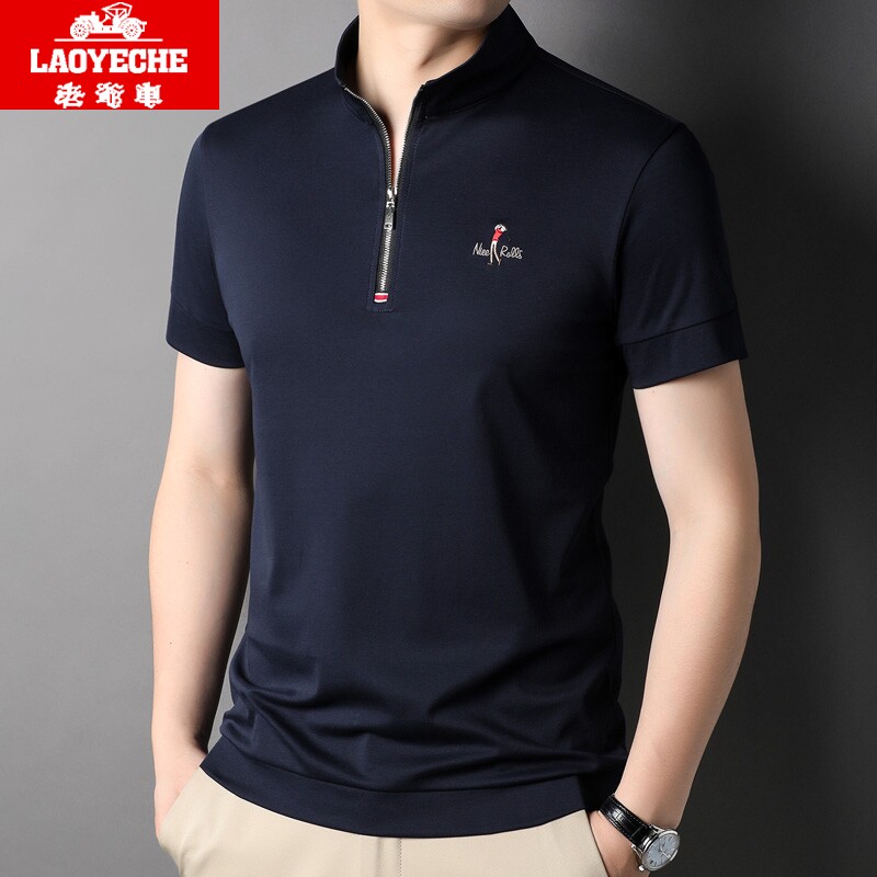 老爷车2025夏季新款立领短袖t恤男半拉链纯色潮流半袖polo衫棉t
