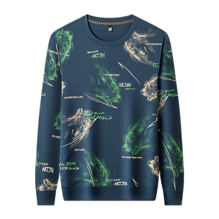 春秋季男士轻奢高档时尚潮流狼头印花圆领长袖T恤薄款卫衣打底衫