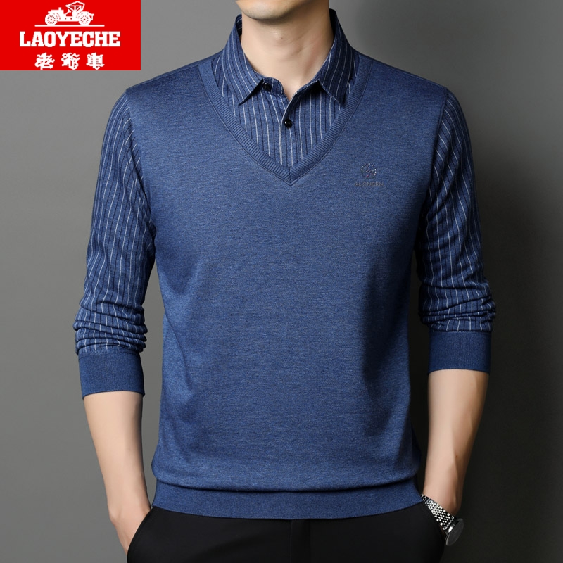 老爷车男士假两件翻领长袖T恤