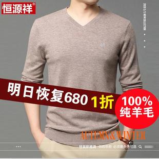 V领长袖 中年毛衣打底衫 T恤薄款 春秋季 针织衫 恒源祥100%纯羊毛男士