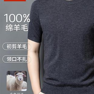 恒源祥100纯羊毛衫男短袖圆领针织套头打底衫上衣纯色T恤衫