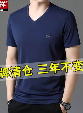 恒源祥夏季男士桑蚕丝V领短袖T恤