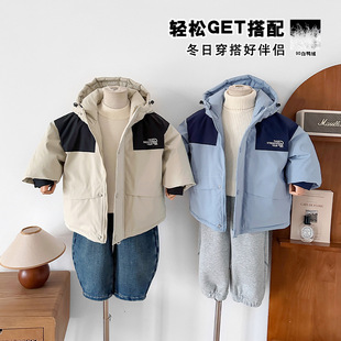 冬季新款儿童韩版撞色工装羽绒服男童连帽冲锋衣厚外套