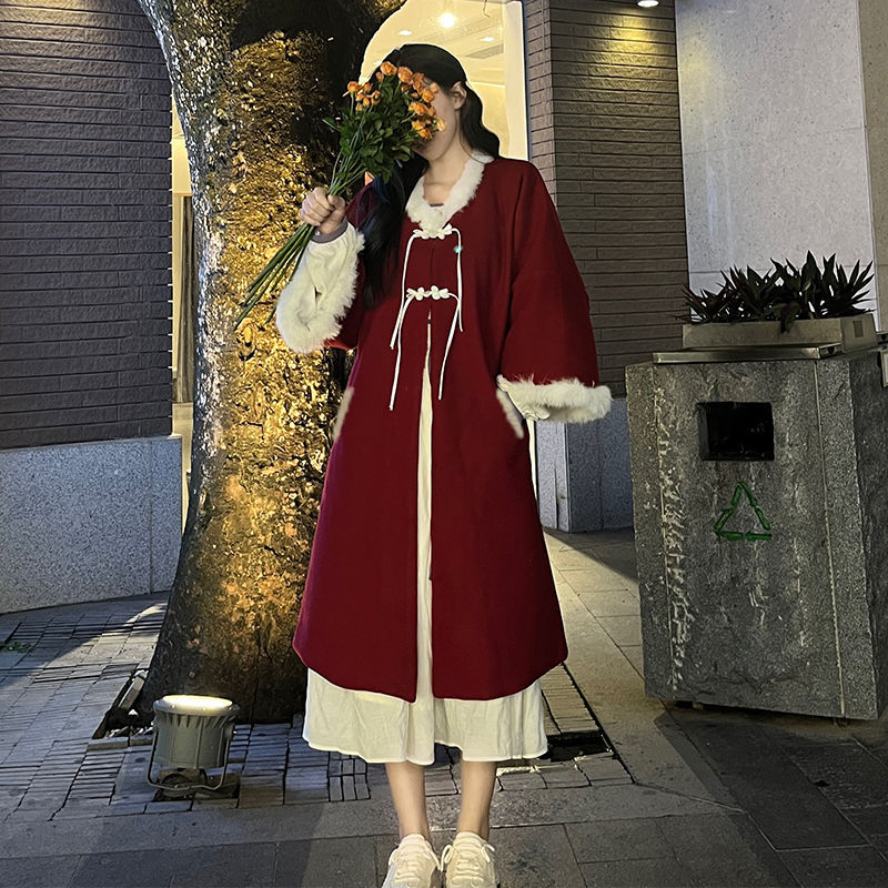 新中式红色毛呢外套汉元素国风大衣冬季慵懒感新春节拜年服外套
