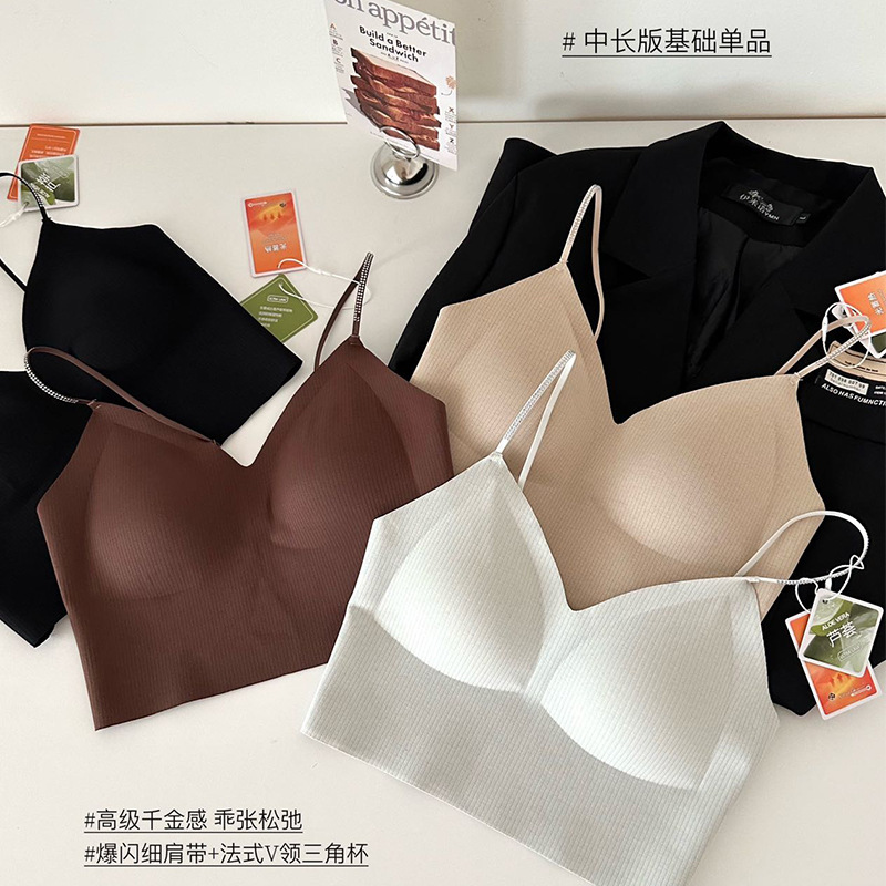 早秋磨毛法式V领钻石细肩带美背内衣女带胸垫可外穿内搭打底背心