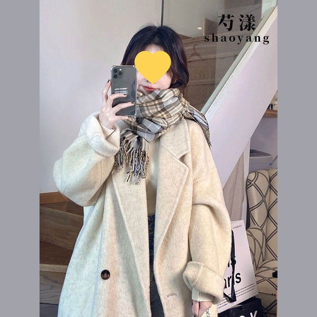 燕麦色双面绒大衣女2025秋冬新款韩版宽松中长款毛呢外套粉色