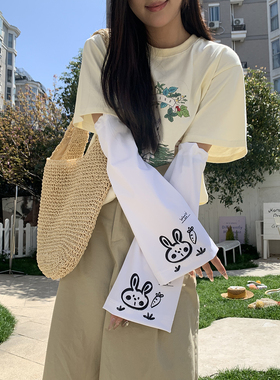 简约白色大码宽松冰袖简笔卡通可爱少女防晒袖套夏季新款骑车学生