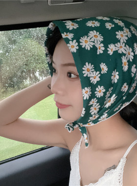 绿色雏菊田园风棉方巾丝巾发带文艺女百搭春秋花朵气质小领巾头巾