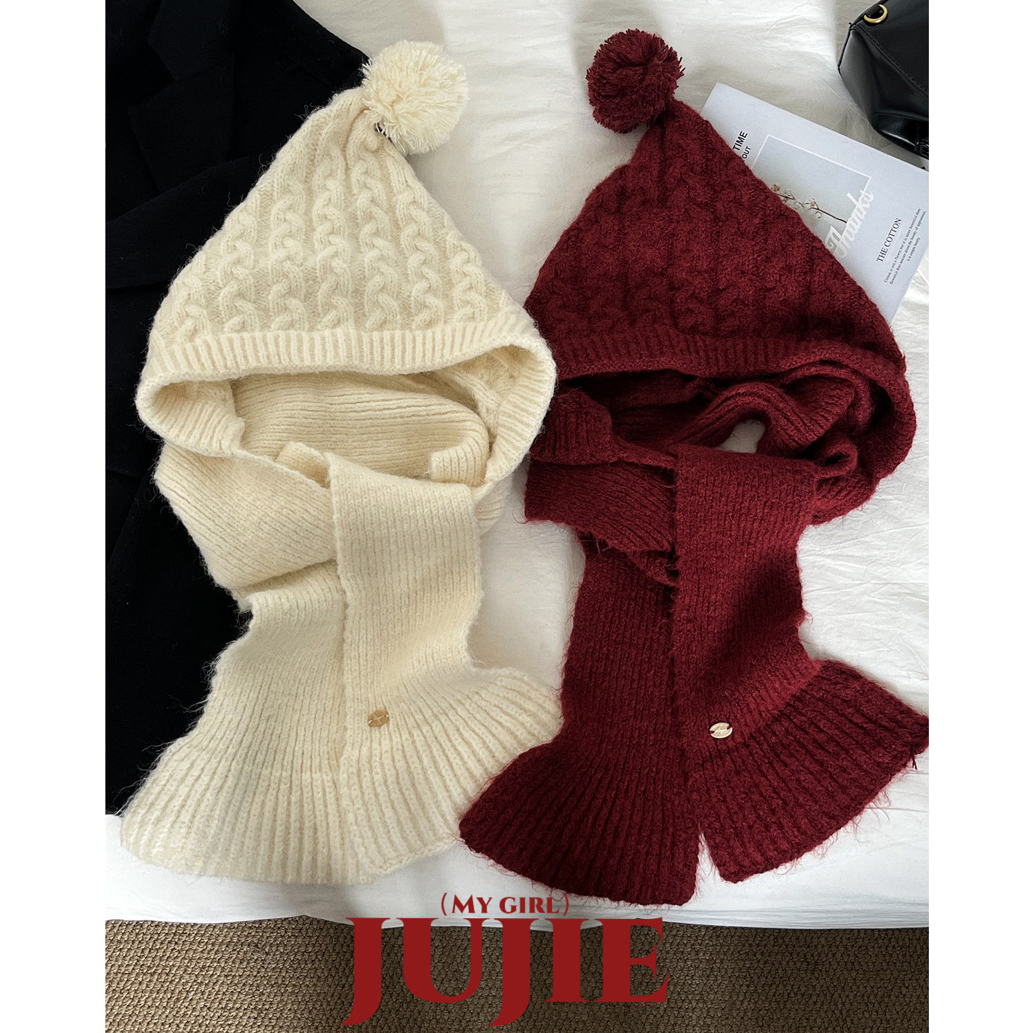 可爱毛球针织连帽围巾毛线球球可爱学生少女冬季保暖百搭纯色冬季