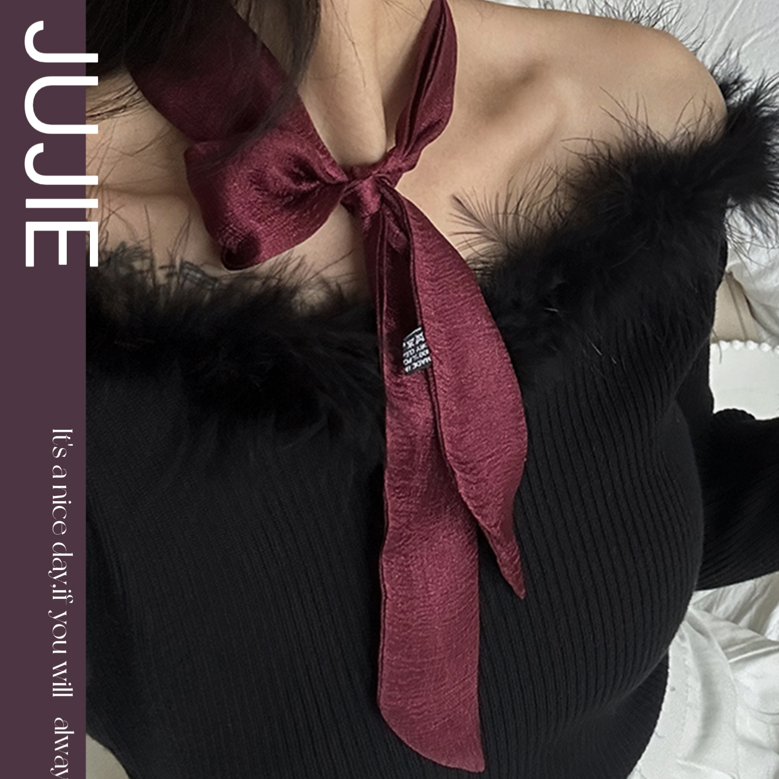 2025新款酒红色蝴蝶结飘带长条丝巾少女百搭时尚法式复古细窄领巾