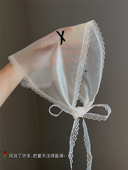 米色透视欧根纱春夏少女三角巾洋气蕾丝镂空包头巾刺绣蕾丝氛围感