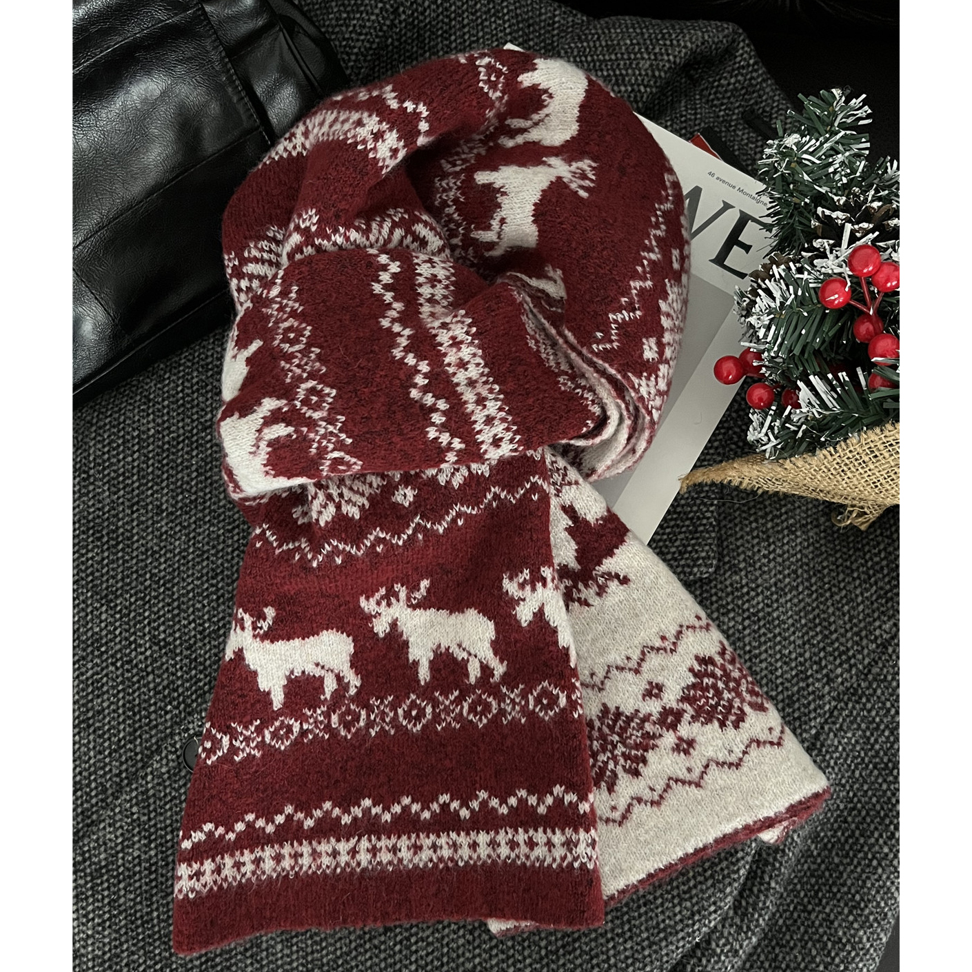 圣诞氛围感麋鹿费尔岛风针织围巾女冬季加厚保暖红色毛线围脖情侣