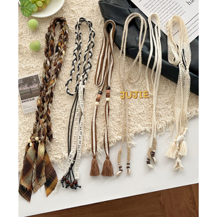 复古ins风手工编织亚麻格纹串珠腰绳百搭小众设计感腰带流苏皮带