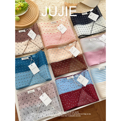 小众复古拼色波点丝巾法式赫本风夏季度假风斜角发带百搭长巾腰带