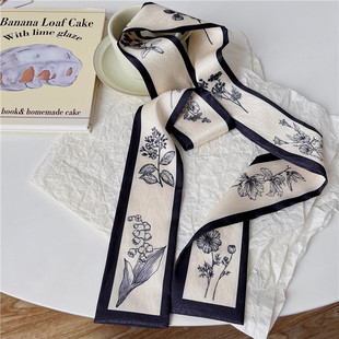 素色简约复古花卉发带细窄丝带女长条领巾飘带百搭ins多功能丝巾