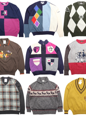 古着vintage日系复古拼色卡通童趣刺绣图案羊毛百搭毛衣男女C13