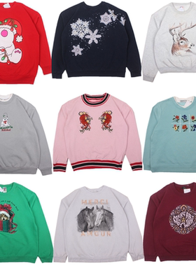 vintage古着美式卡通宽松棉衣重磅无缝桶织动物套头卫衣男女C10