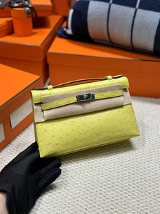 凯莉一代夏日柠檬黄鸵鸟皮银扣手提包女士