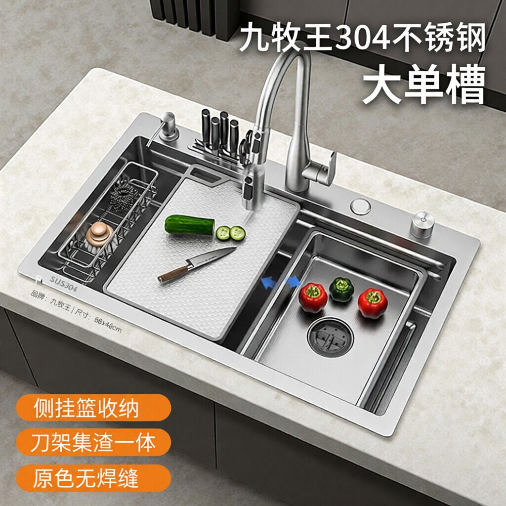 [侧挂篮]九牧王刀架集渣厨房水槽不锈钢大单槽304原色洗碗洗菜盆