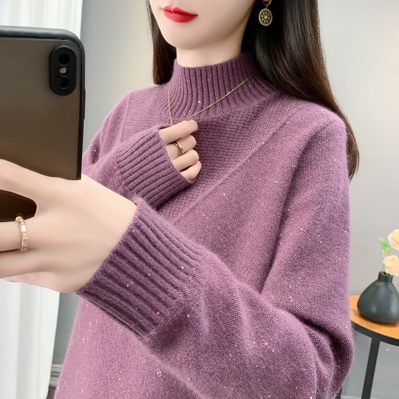 纤芙莉半高领韩版宽松亮片毛衣