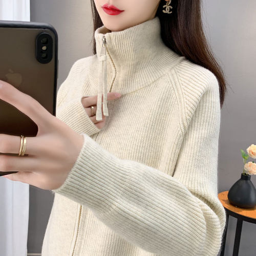 翻领高领针织毛衣女开衫外套