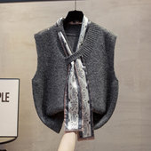 秋冬新款 V领针织马甲背心女亮片套头无袖 毛衣宽松叠穿上衣配丝巾