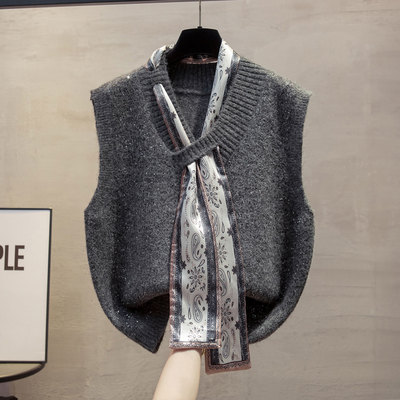 V领针织马甲背心女亮片套头