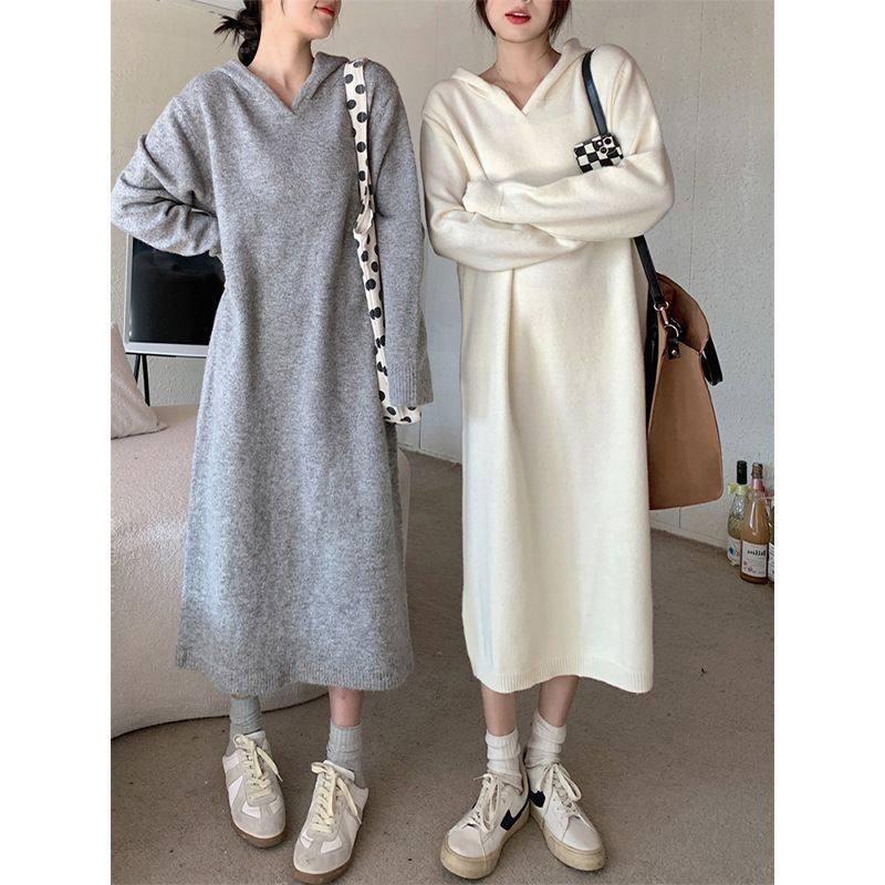 休闲百搭秋冬新款高端设计感连帽卫衣针织宽松毛衣宽松连衣裙
