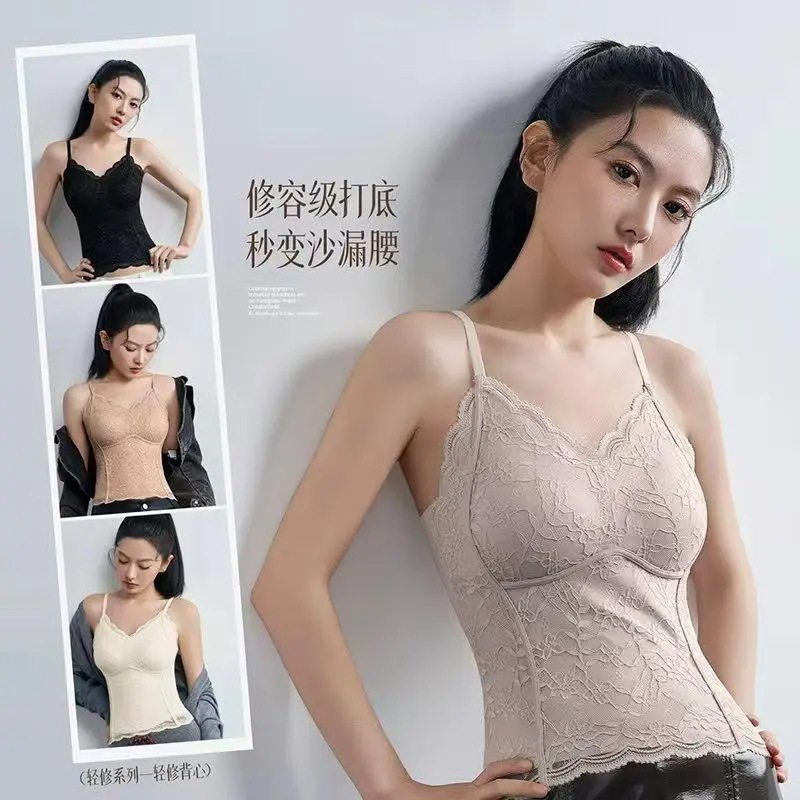 蕾丝美背吊带背心女带胸垫一体内衣修身显瘦百搭打底外穿春夏薄款