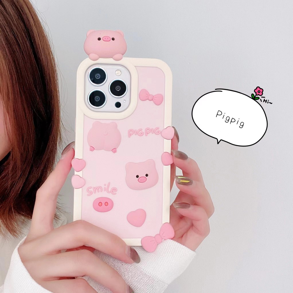 卡通立体猪头适用iPhone14promax手机壳苹果13硅胶12防摔XR粉色11