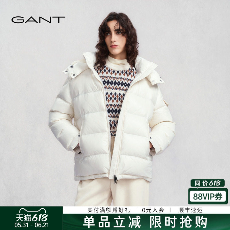 GANT/甘特冬季新款女士轻暖面包服短款连帽白鸭绒亮面羽绒服外套