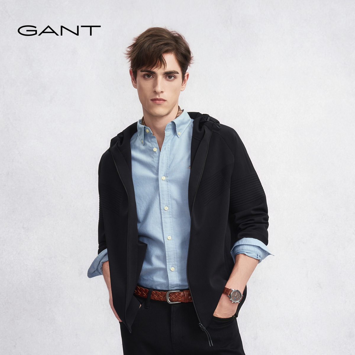 GANT/甘特秋冬款男士纯色连帽拉链针织开衫外套简约休闲运动夹克