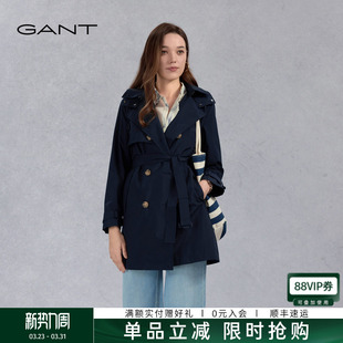 风衣可拆卸连帽气质外套 女士复古双排扣系带中长款 GANT 甘特新款
