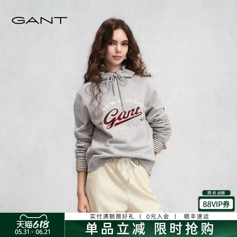 GANT/甘特秋冬新款女装复古学院风字母刺绣美式休闲运动连帽卫衣