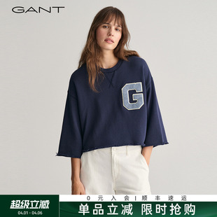 GANT 女士七分袖 上衣字母印花刺绣宽松纯棉圆领短款 卫衣 甘特新款