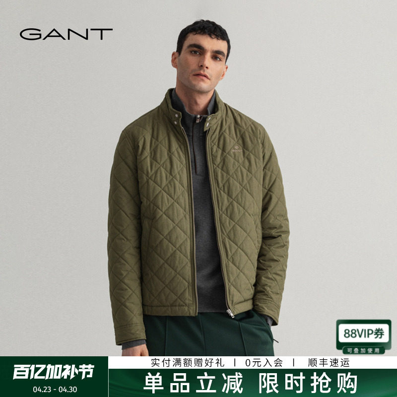 GANT/甘特秋冬新款男士复古军绿色保暖立领绗缝短款休闲棉服外套