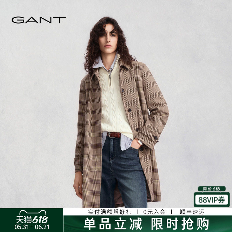 GANT/甘特秋冬季新款女士老钱风外套复古格纹翻领直筒中长款风衣
