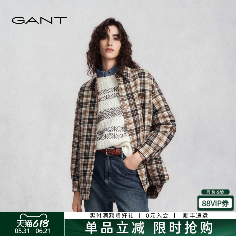GANT/甘特秋冬新款女士翻领衬衫棉服复古格纹通勤老钱风上衣外套