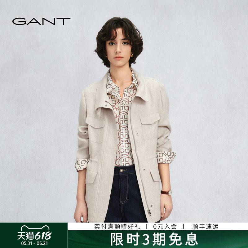 【100%亚麻】GANT/甘特26春夏女老钱风收腰工装休闲风衣极简外套