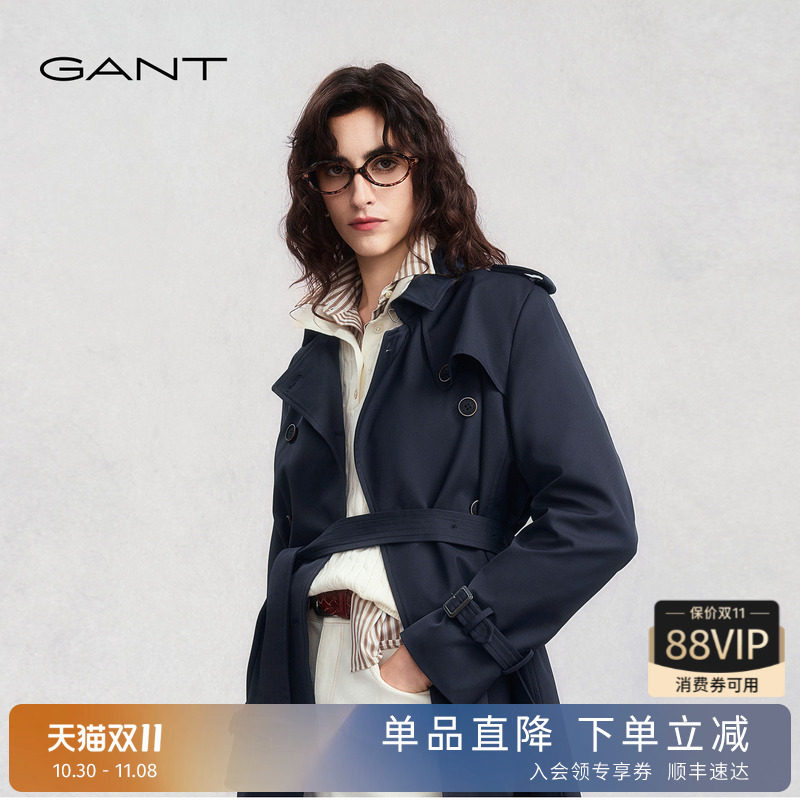 GANT/甘特秋冬季新款女士复古老钱风双排扣大翻领中长款风衣外套