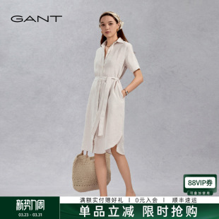 甘特夏新款 GANT 女装 衬衫 休闲连衣裙 裙翻领腰带短袖 100%亚麻