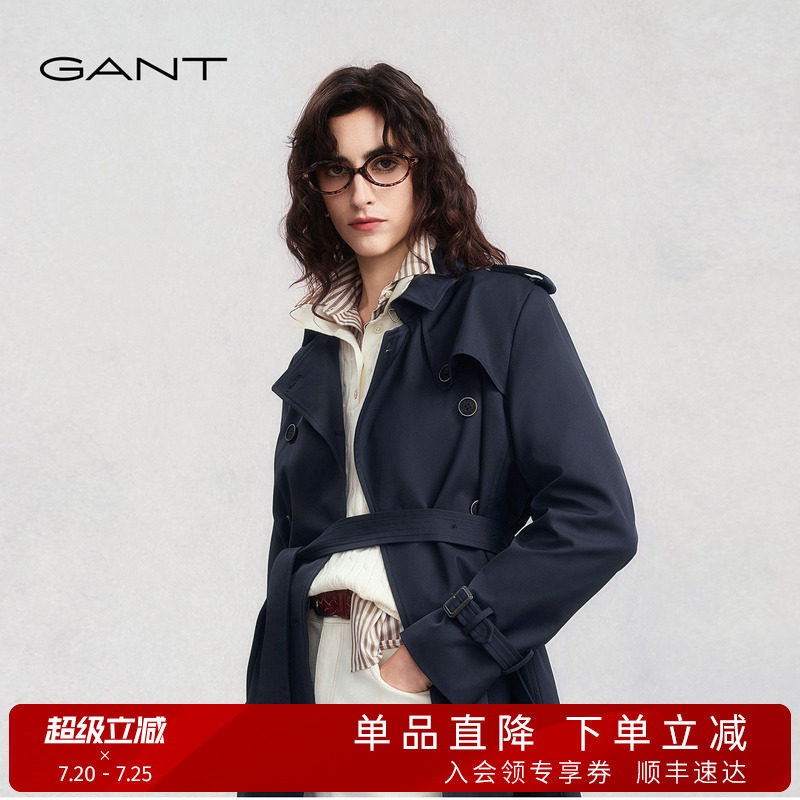 GANT/甘特秋冬季新款女士复古老钱风双排扣大翻领中长款风衣外套