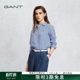 女士宽松休闲衬衣条纹长袖 甘特26春夏新款 GANT 衬衫 100%亚麻