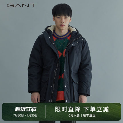 GANT/甘特男女同款情侣连帽法兰绒中长款加厚保暖棉服派克服外套
