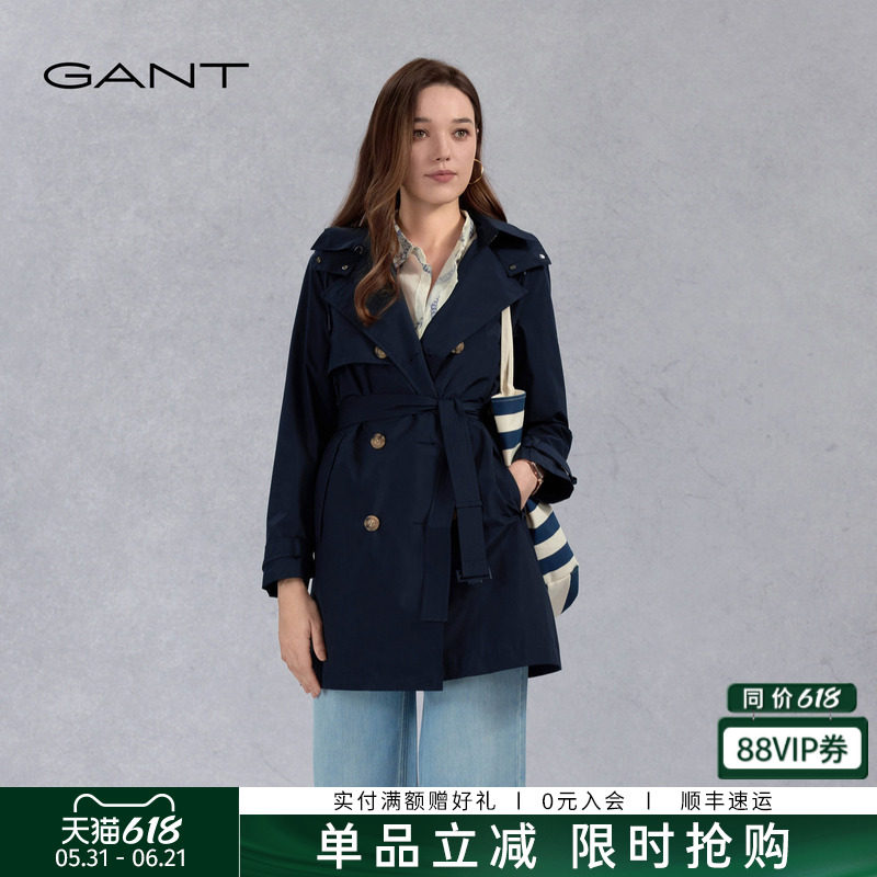 GANT/甘特新款女士复古双排扣系带中长款风衣可拆卸连帽气质外套