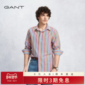复古风三扣领长袖 衬衫 甘特26春夏男士 彩条纹美式 100%棉 GANT