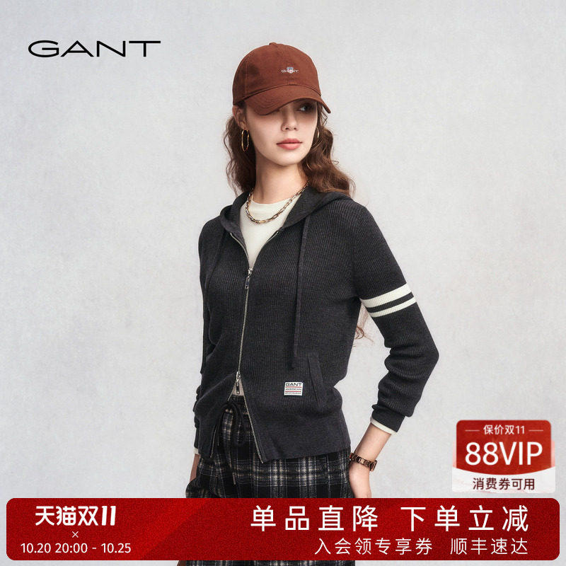 GANT/甘特秋冬新款女士拉链连帽毛衣显瘦长袖学院风针织开衫外套