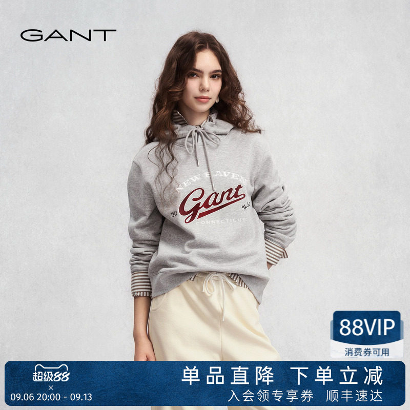 GANT/甘特秋冬新款女装复古学院风字母刺绣美式休闲运动连帽卫衣