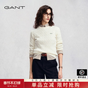 GANT/甘特2025秋冬新款女装纯棉绞花针织衫美式休闲圆领麻花毛衣